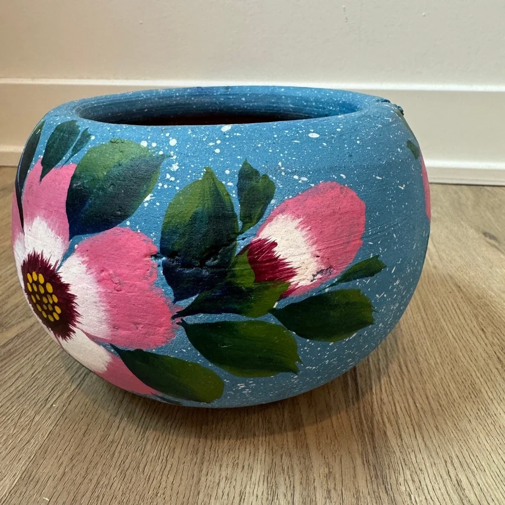 Vintage Mexican Hand Painted Terracotta Planter Blue Floral Bird Folk Art Pot